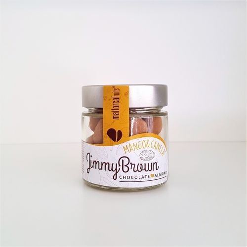 "Jimmy Brown" Almendras recubiertas de chocolate sabor Mango y Canela. Cristal 125g