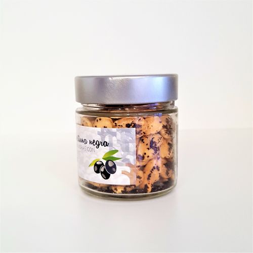Fried almonds with black olive. 125g glass jar