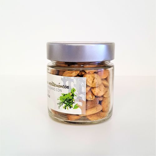 Fried almonds with Mediterranean herbs. 125g glass jar